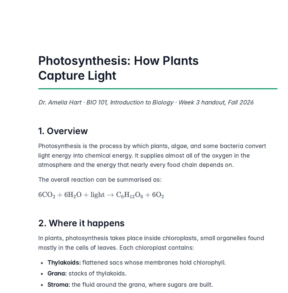 The same handout in Gleamdoc: clean text, real headings, a typeset equation